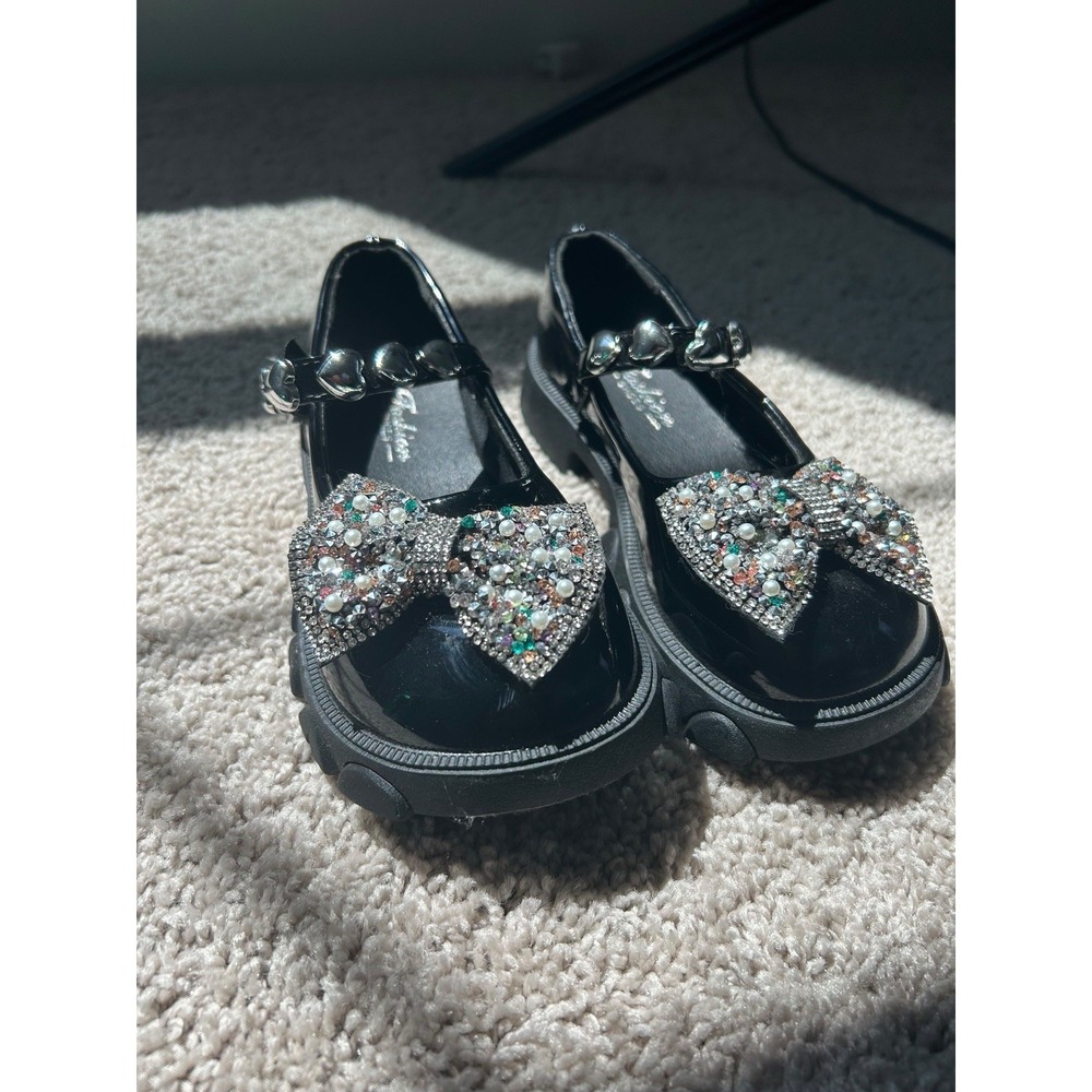 Girls Black Patent Mary Jane Shoes Bow Rhinestone Dress Shoes Size 13 Kids - Picture 5 of 7